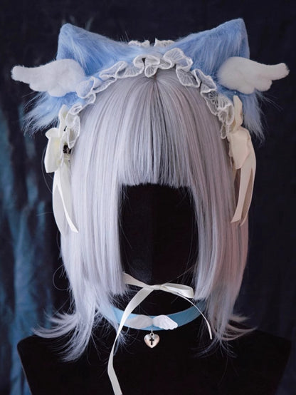 Handmade Wings Blue and White Bowknots Kitty Ears Hairband