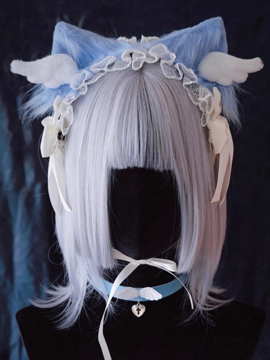 Handmade Wings Blue and White Bowknots Kitty Ears Hairband