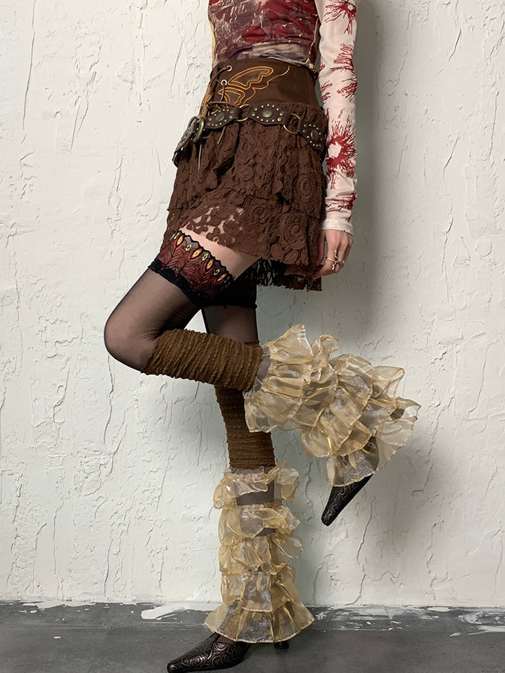 Brown Wasteland Punk Multi-layered Lace Trim Leg Sleeves