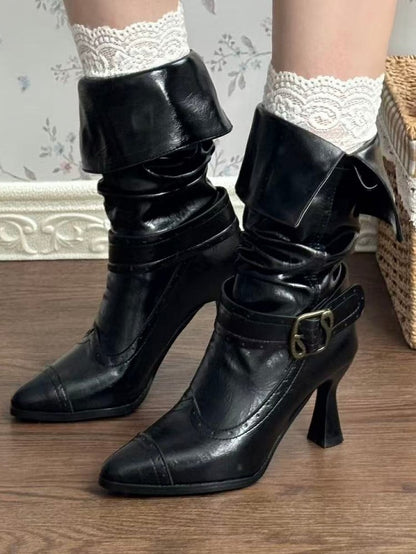 Black Classic Lolita Pointed Toe Boots - PU High Heel with Convertible Cuff & Vintage Inspired Fasteners