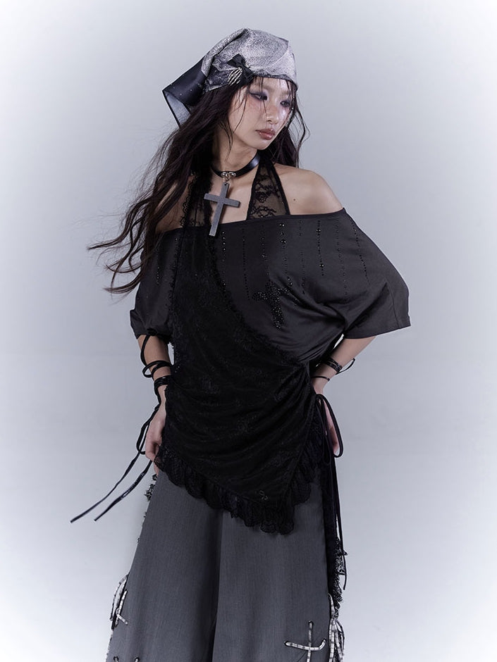 Black Cross Rhinestone Curved Hem Halter Neck T-shirt