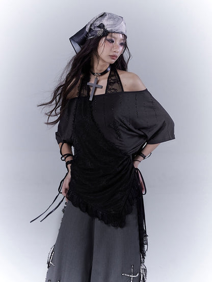 Black Cross Rhinestone Curved Hem Halter Neck T-shirt