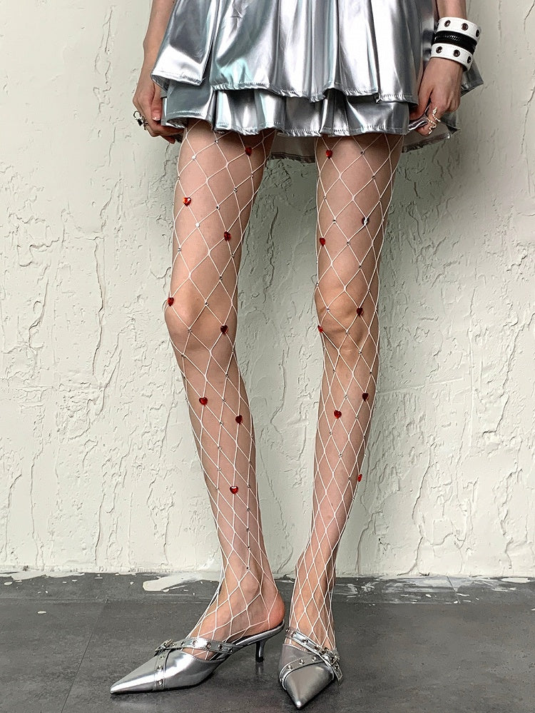 White/Black Y2K Rhinestone Decorated Heart Details Fishnet Tights