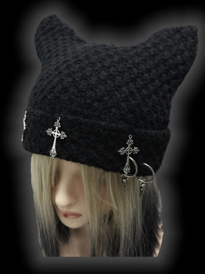 Y2K Black Cross Charms Studs Design Punk Cat Ears Beanie