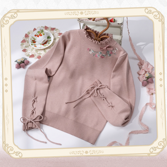 Strawberry Embroidery Neckline Lace-up Cuffs Dusty Pink Autumn Knit Top
