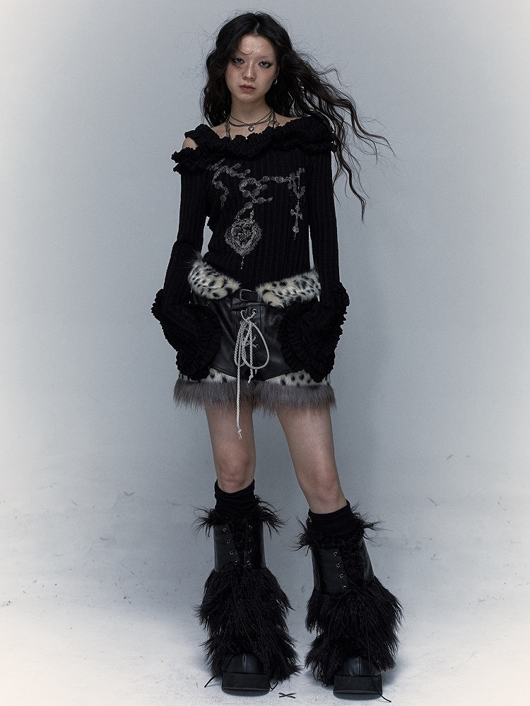 Lace-up Detail Leopard Pattern Design Black Punk PU Shorts