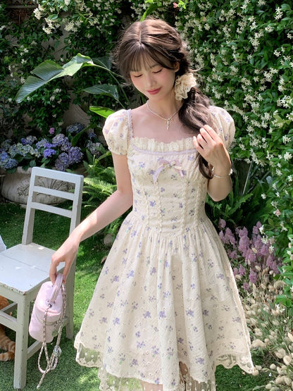 Beige Square Neckline and Short Puff Sleeves Mori Kei Floral Dress