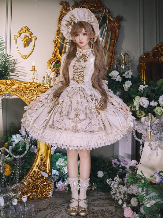 Candle and Candlestick Embroidery Cream Bell Sleeves Velvet Dress Lolita OP / Set