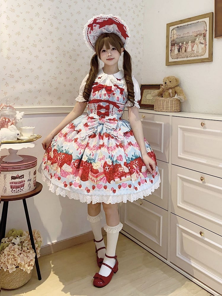 Strawberry and Dessert Print Blue Sweet Lolita Dress
