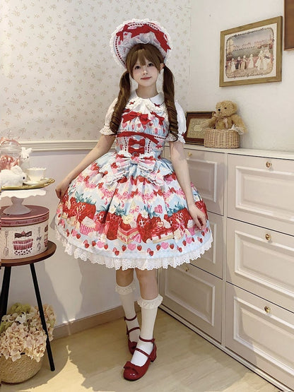 Strawberry and Dessert Print Blue Sweet Lolita Dress
