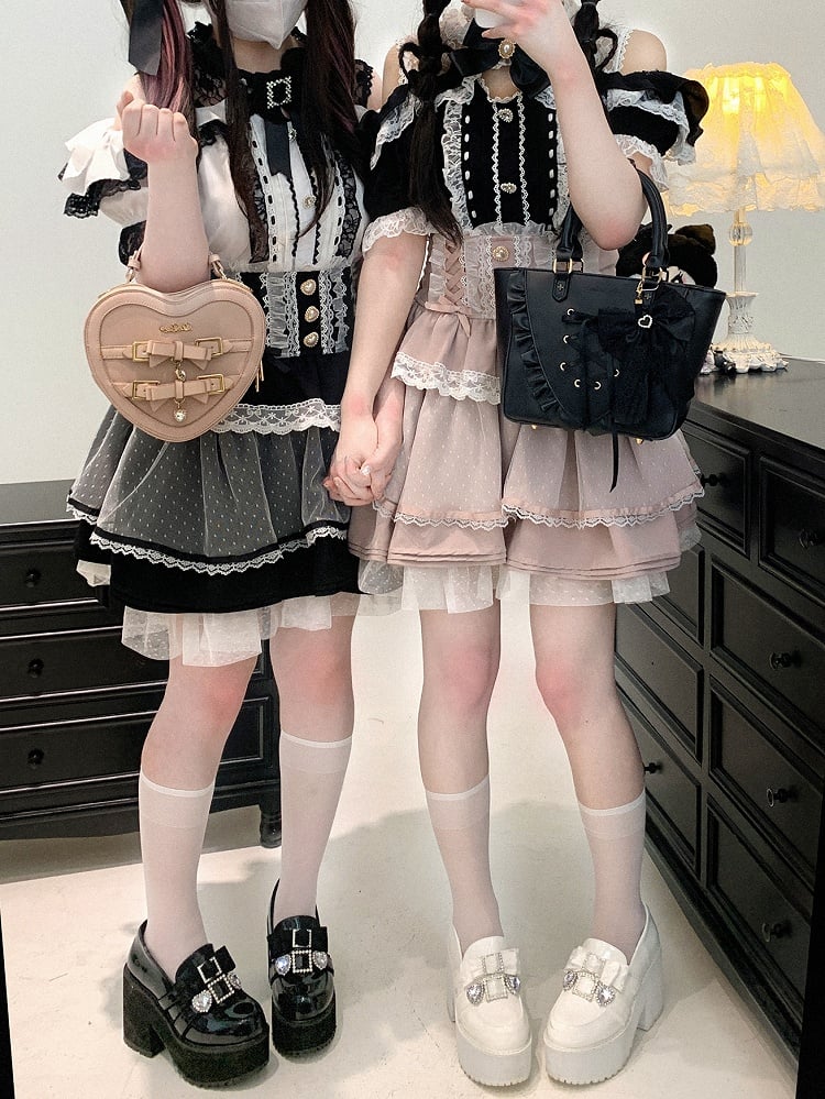 Black/Pink/Blue High Waist Sweetheart Buttons Lace Trim Jirai Kei Tiered Skirt