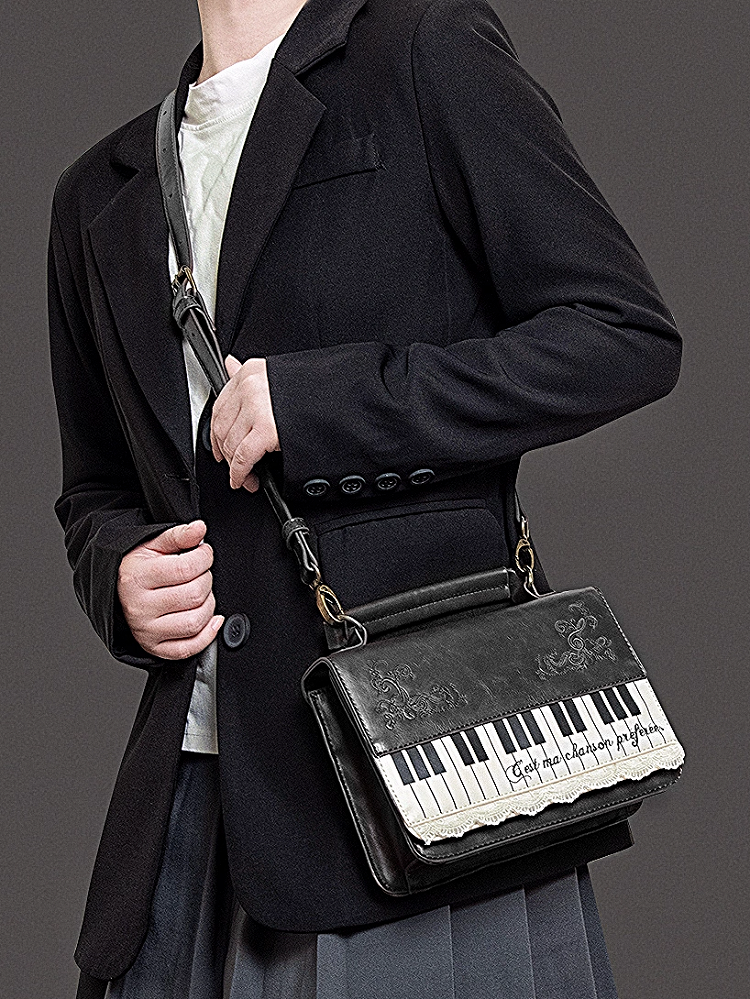 Chic Small-Sized Black Piano-Themed Crossbody & Backpack Briefcase With Embroidered Floral Accents