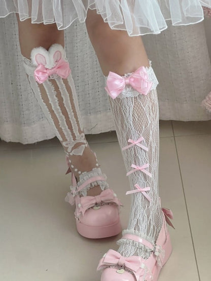 White/Black Lolita Y2K Under-knee Stockings With Pink Rabbit Ears And Bowknot Details