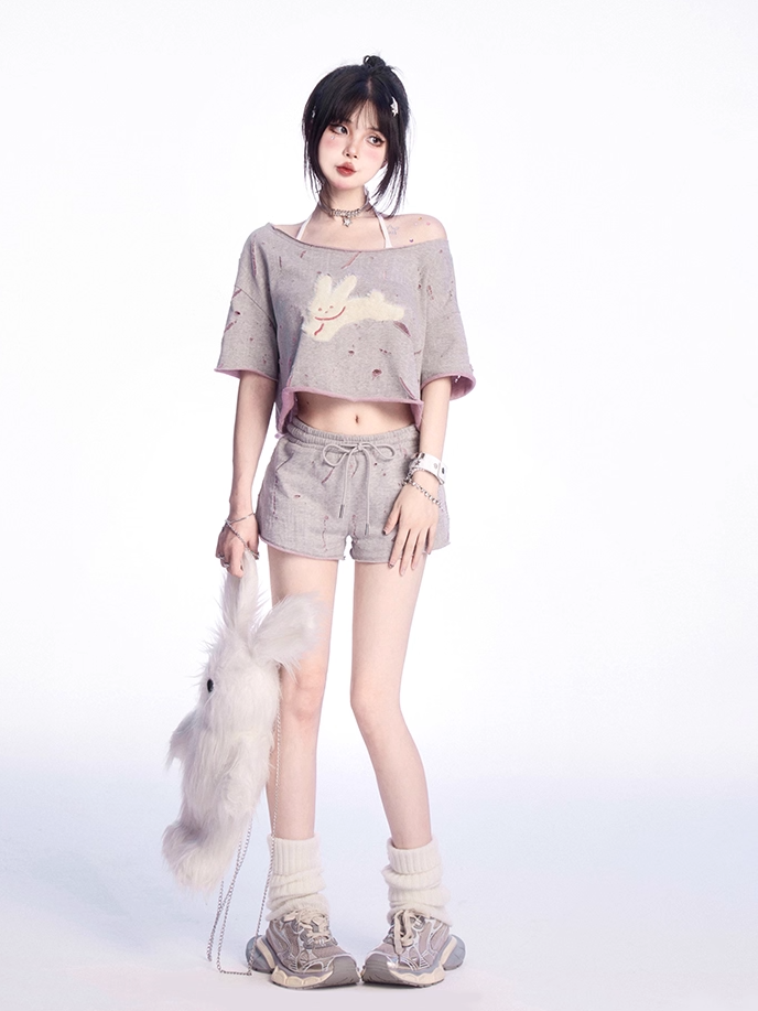 Gray Asymmetrical Neckline Plush Bunny Applique Distressed Holes T-shirt