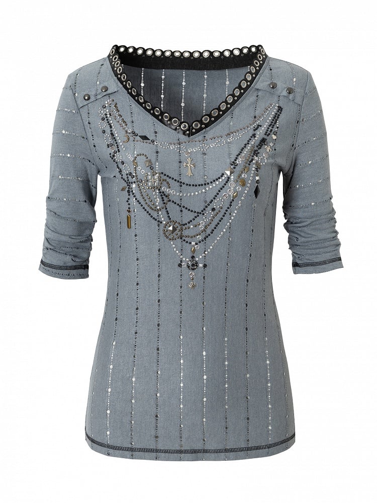 Pink/Blue Wasteland Punk V-neck Rhinestone Necklace Design Striped Pattern Long Sleeves Top