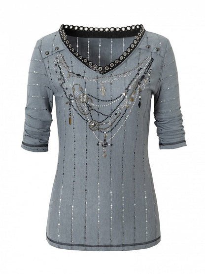 Pink/Blue Wasteland Punk V-neck Rhinestone Necklace Design Striped Pattern Long Sleeves Top