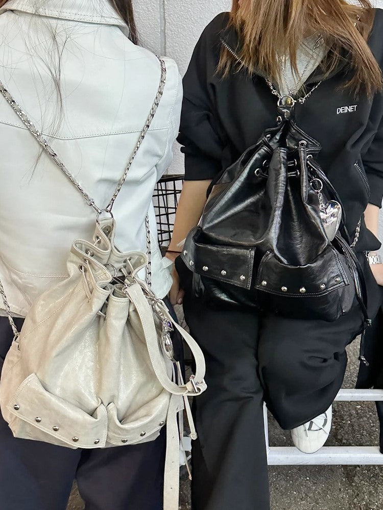 2-Way White Backpack With Drawstring Closure And Chain Straps
