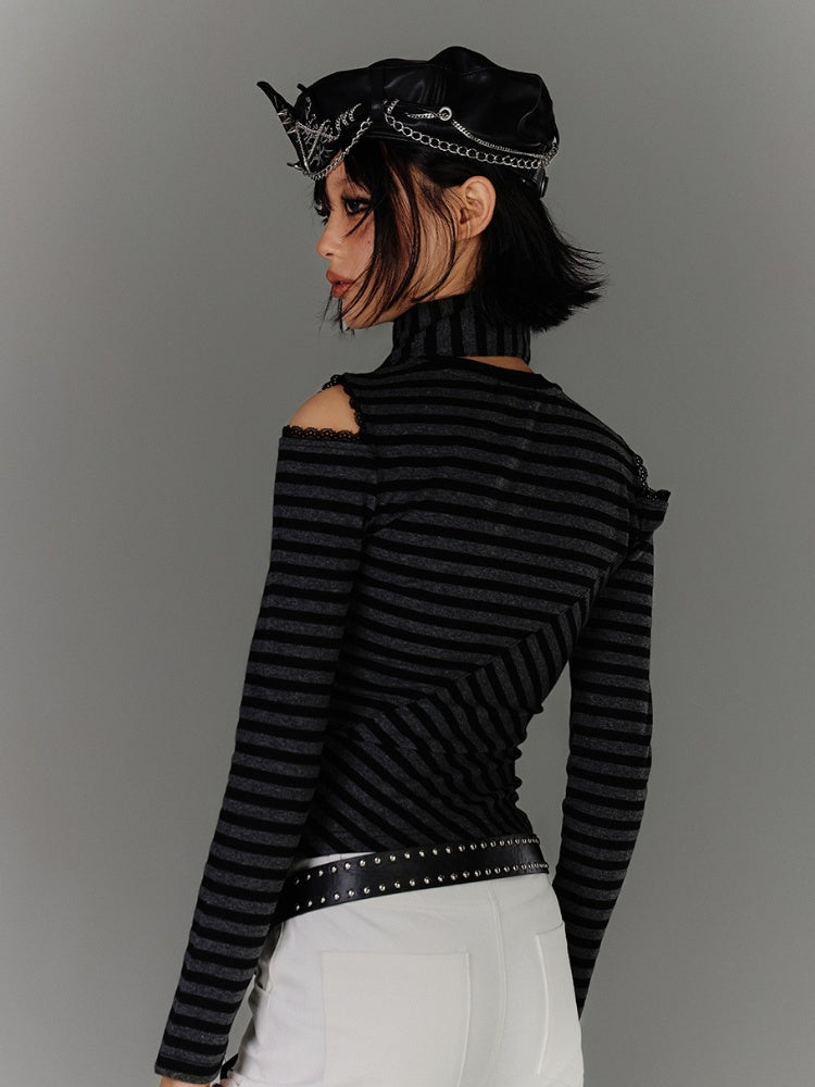 Punk Black & Gray Striped Cutout Shoulder Graphic Top with Star Scarf