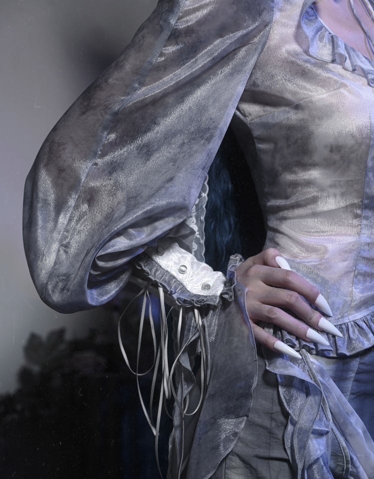 Corpse Bride Ruffle High Neck Dusty Blue Tie Dye Fabric Victorian Goth Long Bishop Sleeves Chiffon Shirt