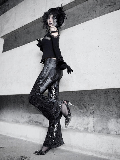 Black Snakeskin Grain Fabric Low Waist Goth Fishtail Pants