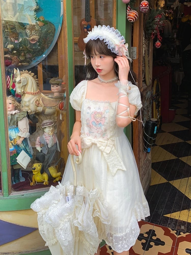 Sweet Fairy Tale Print Apricot Square Neckline and Short Puff Sleeves Big Bow Waist Casual Lolita Dress