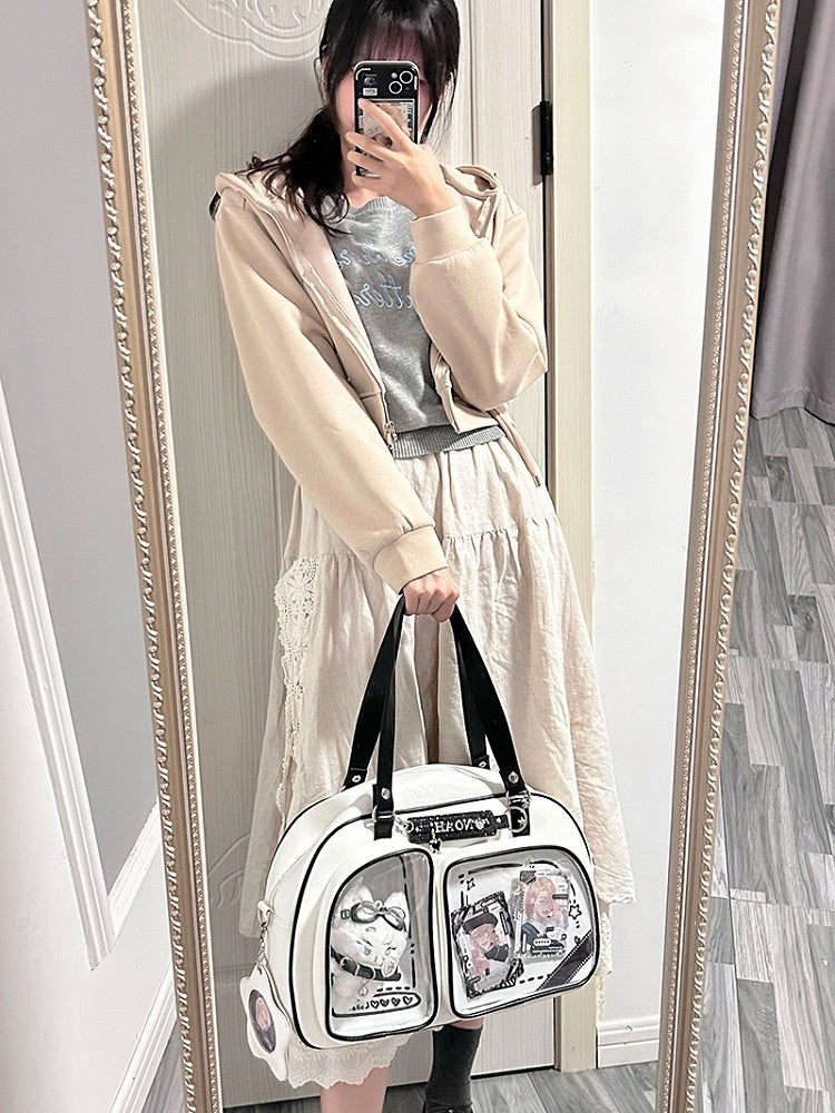 White & Black Contrast Trim Bread-shaped Ita Shoulder Bag