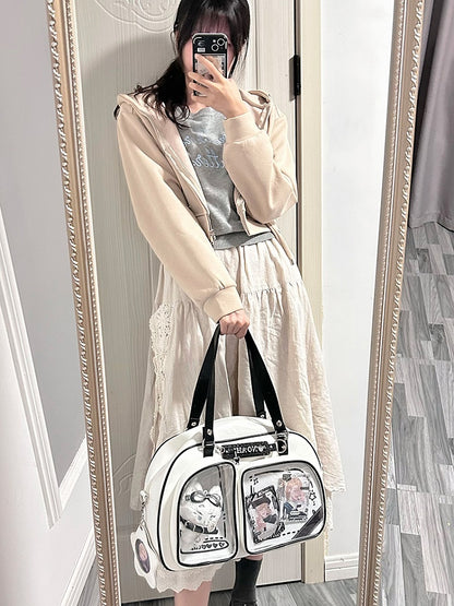 White & Black Contrast Trim Bread-shaped Ita Shoulder Bag