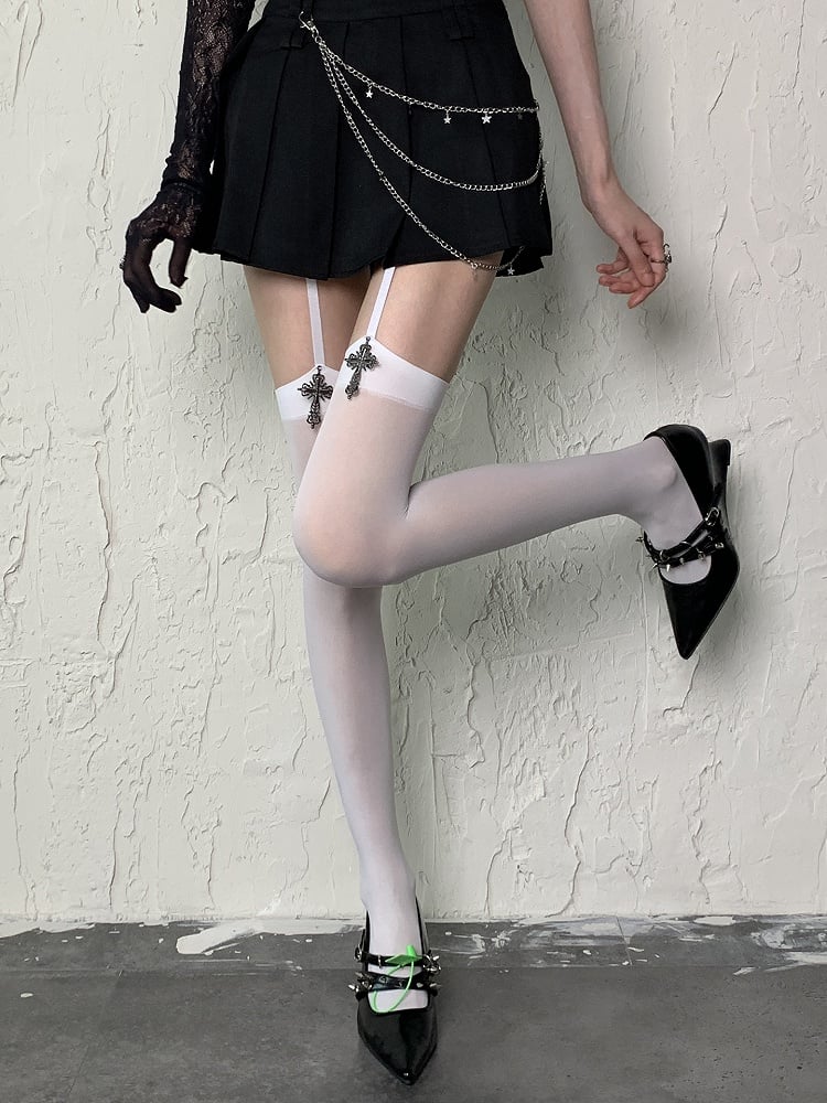 White/Black Y2K Suspender Tights with Cross Charms