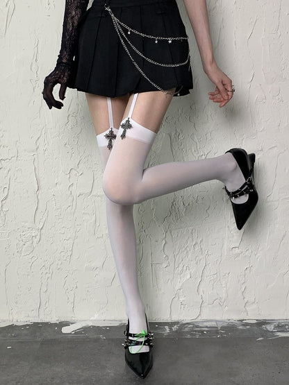 White/Black Y2K Suspender Tights with Cross Charms