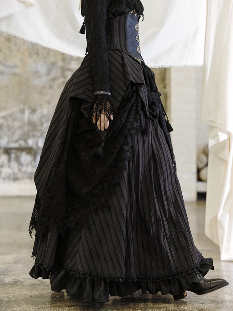 Gothic Black Lace Overlay Striped Skirt And Handkerchief Hem Train Set
