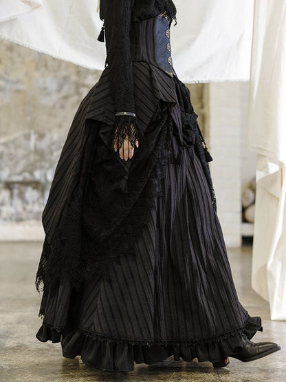 Gothic Black Lace Overlay Striped Skirt And Handkerchief Hem Train Set