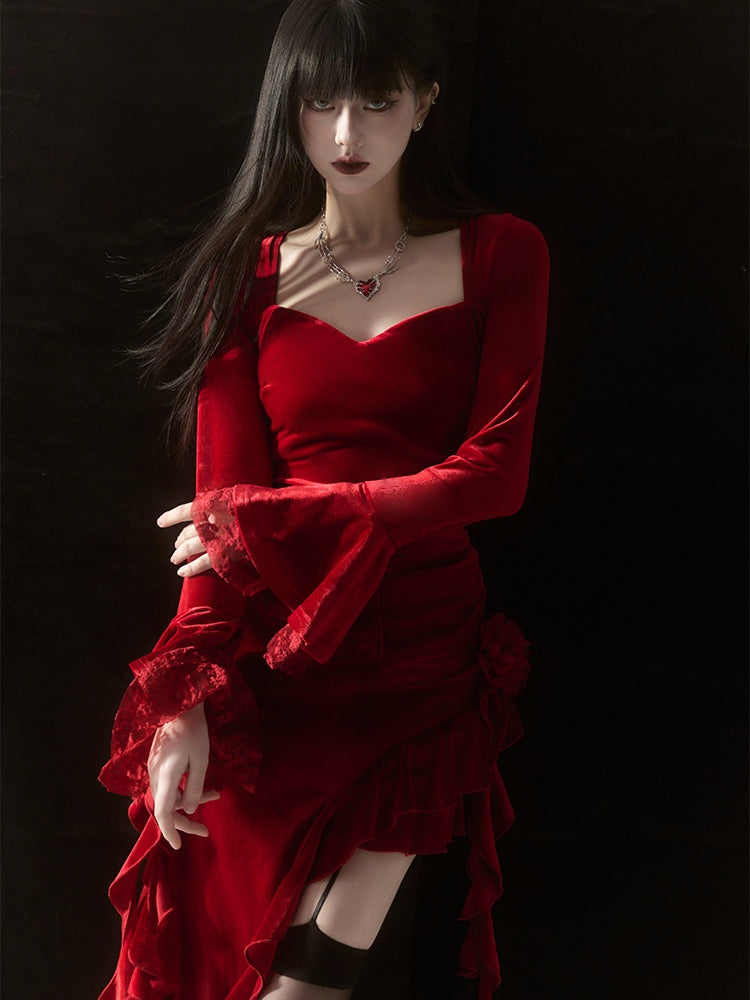 Red Velvet Lace Bell Sleeves Asymmetrical Ruffle Hem Dress