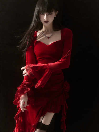 Red Velvet Lace Bell Sleeves Asymmetrical Ruffle Hem Dress