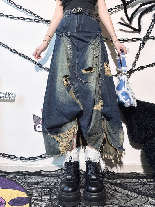 Faded Wash Blue Pins Decorated Punk Distressed Holes Y2K Denim Skirt