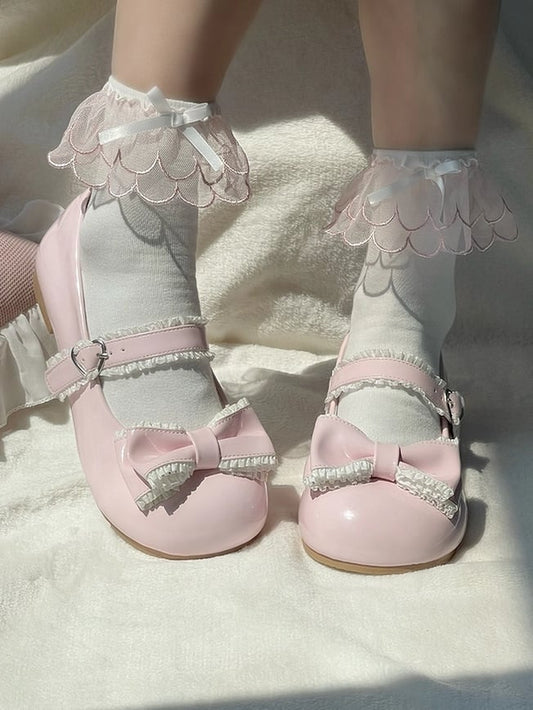 Light Pink Mary Janes for Lolita Fashion - Round Toe with Ruffles Edging, Heart Clasp & Decorative Bow