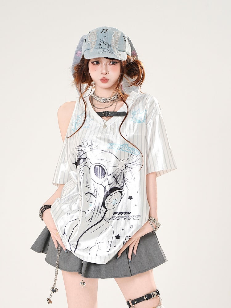 Anime Girl Print Cutout Shoulder White Striped Pattern V-neck Satin T-shirt