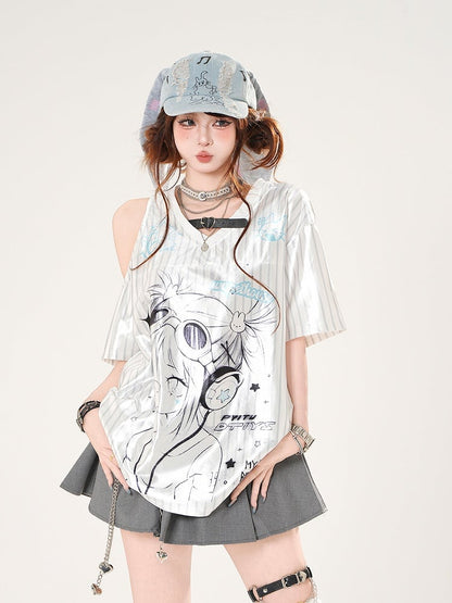 Anime Girl Print Cutout Shoulder White Striped Pattern V-neck Satin T-shirt