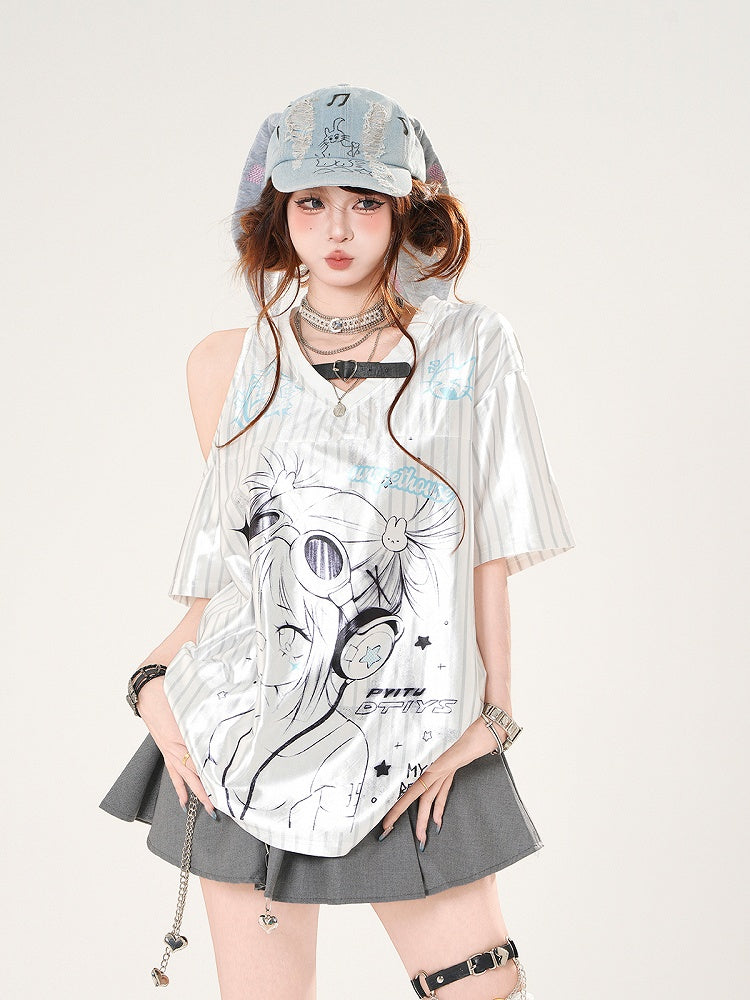Anime Girl Print Cutout Shoulder White Striped Pattern V-neck Satin T-shirt