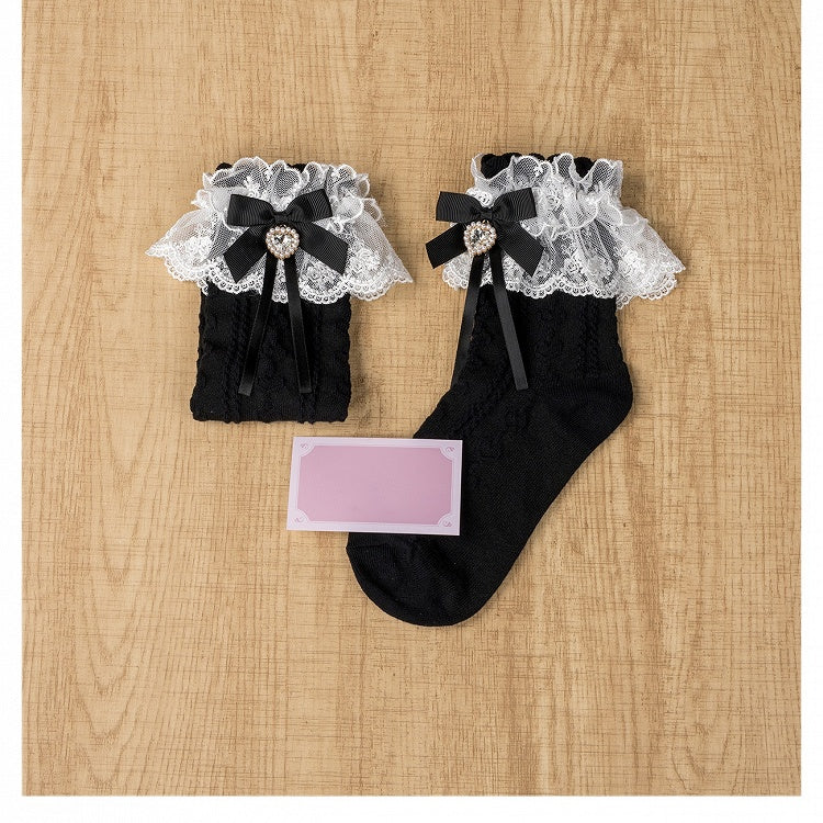 Jirai Kei Black Bowknot and Heart Rhinestone Decoration White Lace Cuffs Cotton Ankle Socks