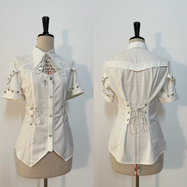 White Ouji Lolita Fashion Lace-up Neckline Short Sleeves Shirt