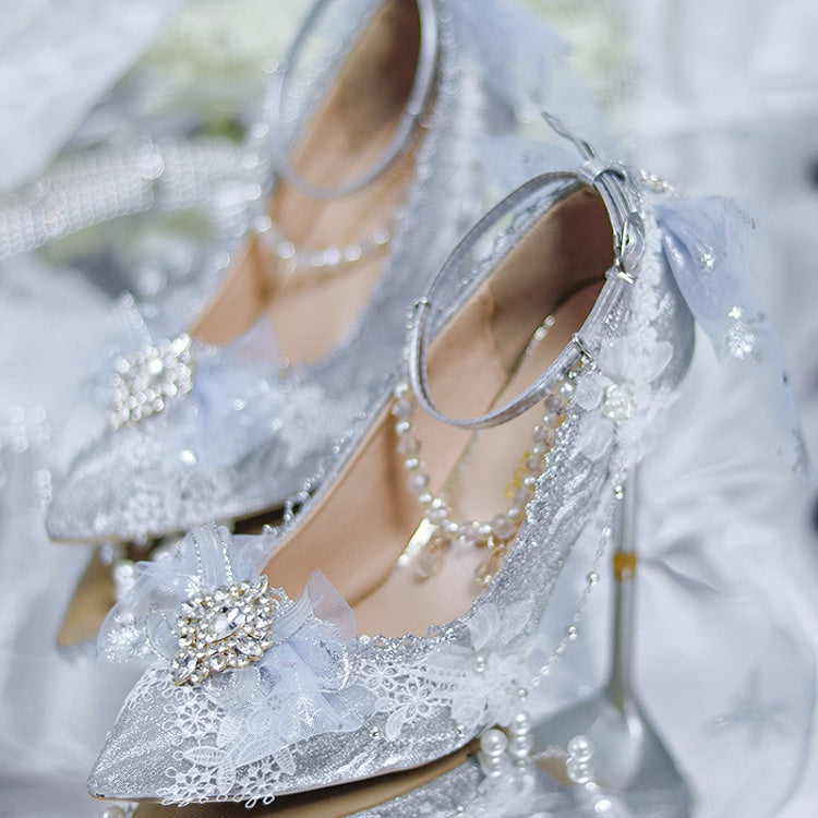 Silver Rhinestone Bowknot Detachable Beaded Chain Glittering 6CM/8CM Hime Lolita Heels