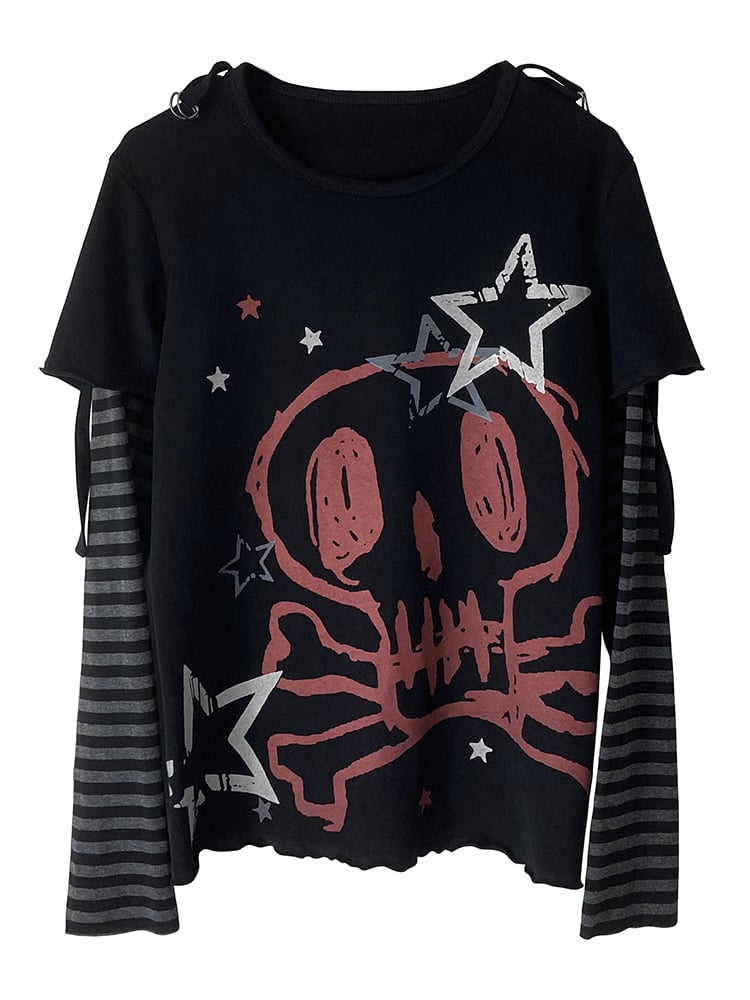 Skull and Stars Print Black Long Sleeves Top Fake Two-pieces