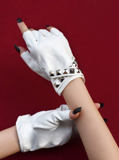 Black/White Steampunk Studs Details Finger Gloves