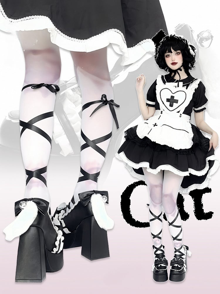 Cute Kitty Tails Black Bow at Top Punk Lolita Platform High Heels Lace-up at Ankle