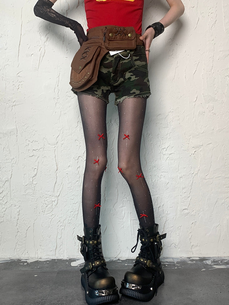 Black Y2K Bowknot Details Polka-dot Pattern Tights