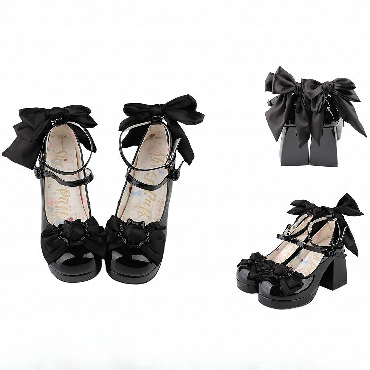 Polished Black Bow at Top Platform High Block Heels