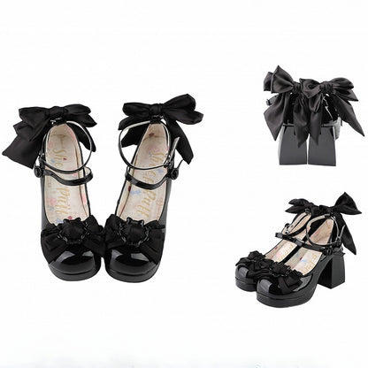 Polished Black Bow at Top Platform High Block Heels