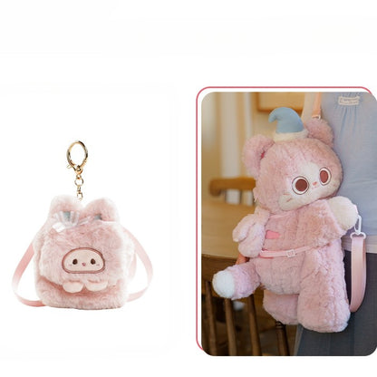 Pink Cute Plush Kitty Backpack/Crossbody Bag + Bowknot Decorated Rabbit Backpack Keychain