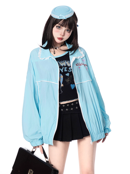 Blue Shirt Collar Elastic Cuffs and Hem Zip-up Jacket