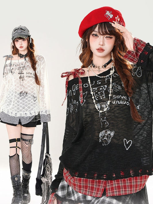 Plaid Hem Asymmetrical Neckline Puppy Print Beige/Black Semi-sheer Coverup